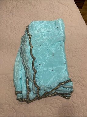 Indian Blue Scalloped Edge Decorative Dupatta Scarf with Glitter Sequin Trim